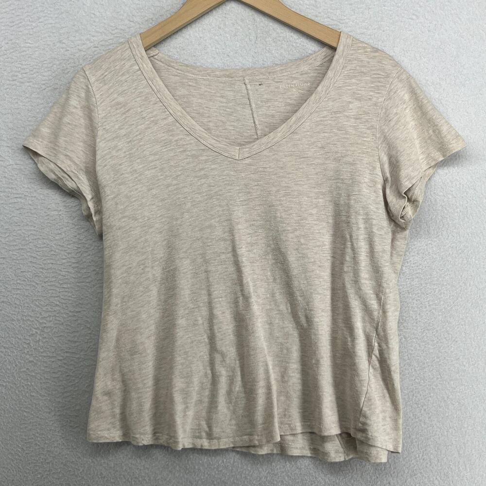 EILEEN FISHER Top S Slub Organic Cotton Jersey V-Neck Short Sleeve Oatmeal